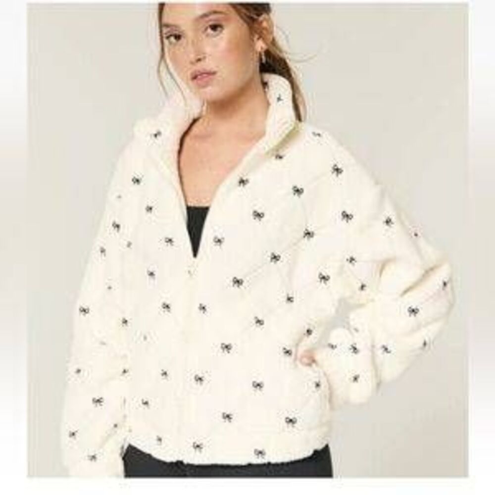 Gilly Hicks White Bow Embroidered Full Zip Sherpa Fleece Sweatshirt Small Coquet